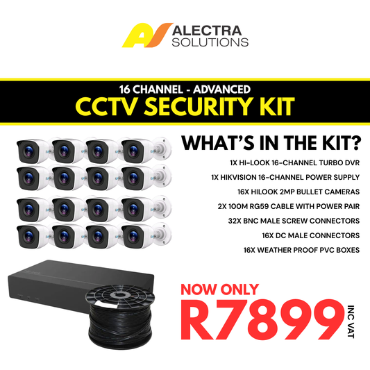Alectra Solutions CCTV security kit with cameras, DVR, and cables on a white background