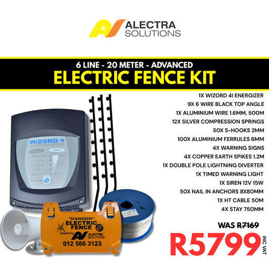 Electric fence kit with components and Alectra Solutions branding on a white background