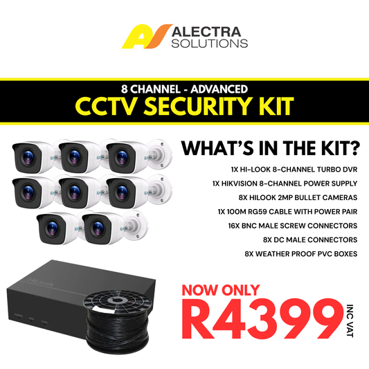 Alectra Solutions 8-channel CCTV security kit with cameras, DVR, and cables on a white background.