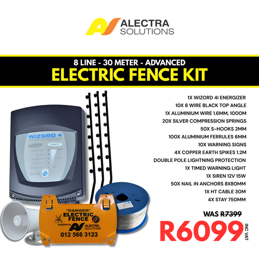 Electric fence kit with components and Alectra Solutions branding on a white background