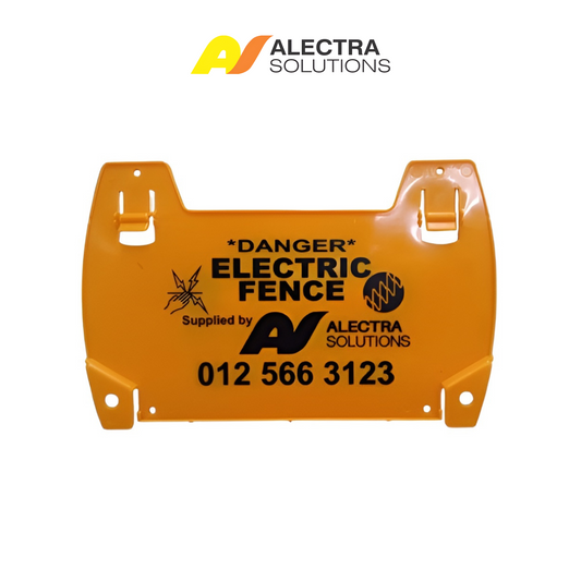 Orange electric fence warning sign with Alectra Solutions branding on a white background