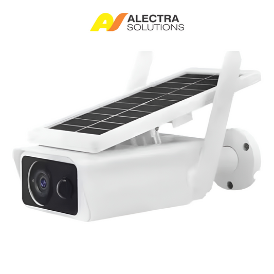 Solar-powered Andowl Q-A129 Solar WiFi security camera with Alectra Solutions logo on a white background