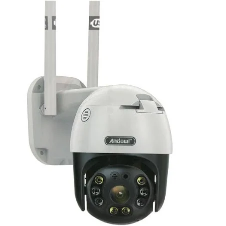 An Andowl Q-S4MAX 8K WiFi Security Camera with two antennas, white housing, and a black camera lens assembly.