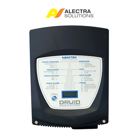 Druid electric fence energizer with Alectra Solutions branding on a white background