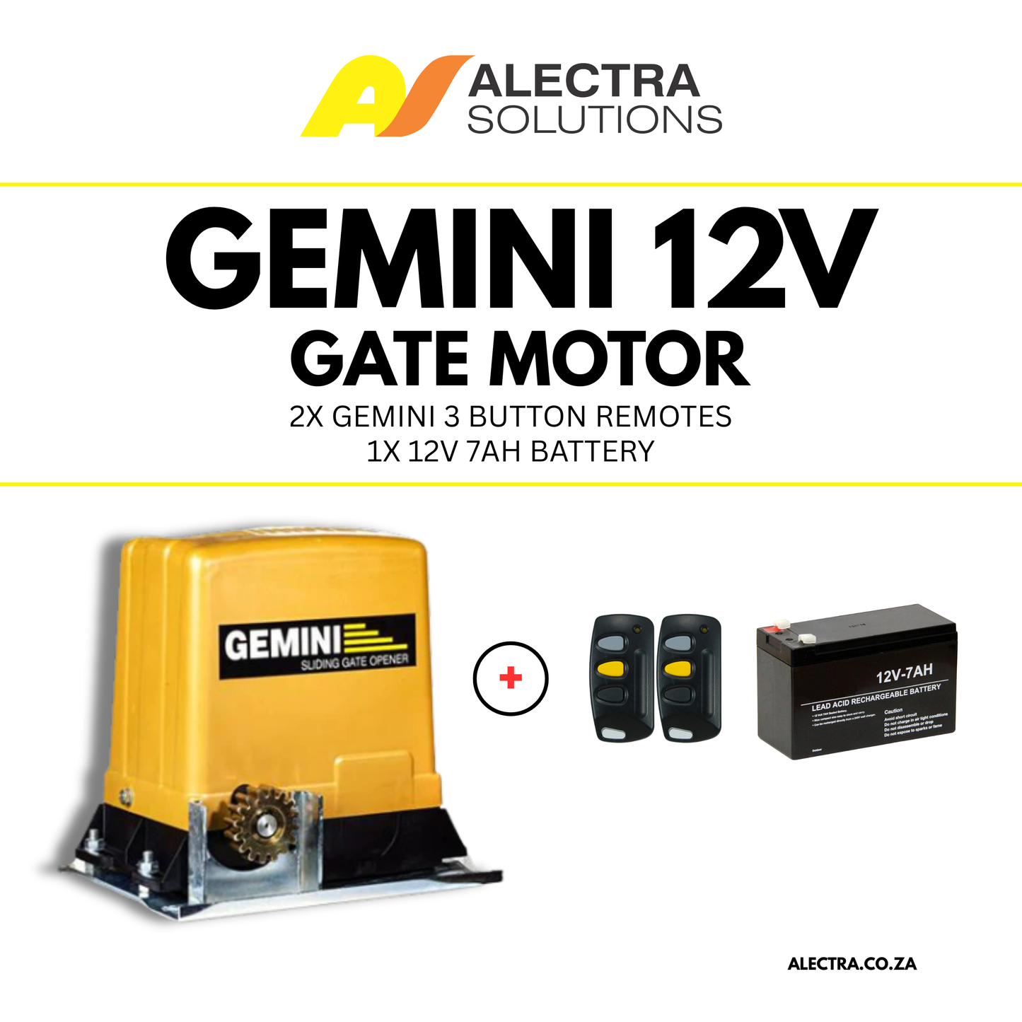Gemini gate motor, including 2x Gemini 3 button remotes, and 1x 12V 7ah Battery
