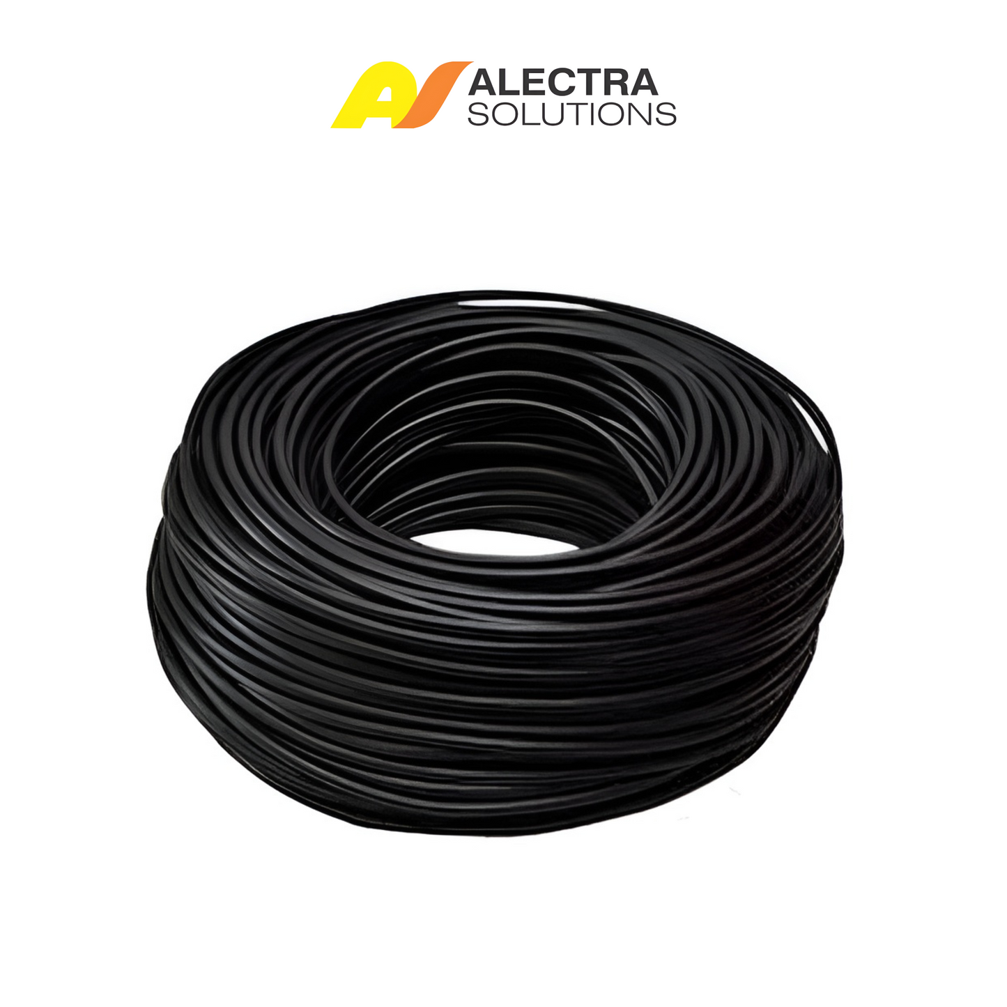 Coiled black cable with Alectra Solutions logo on a white background