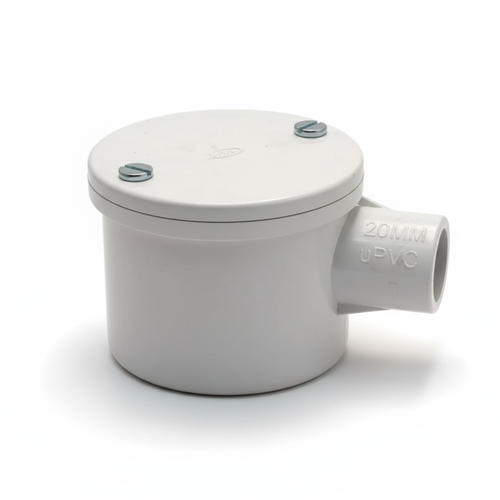 20mm PVC Side Entry Junction Box (1-Way) – Weatherproof Electrical Conduit Box (White)