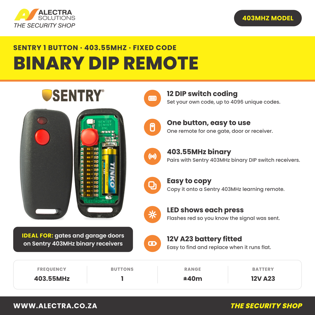 Sentry 1 button binary DIP remote 403MHz features and specifications