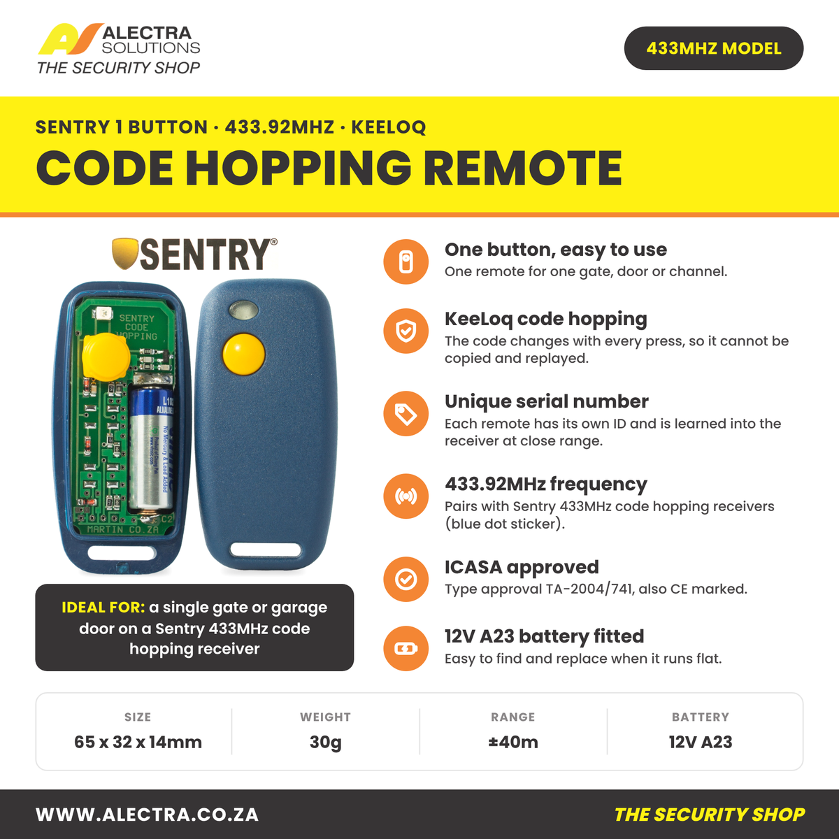 Sentry 1 button code hopping remote 433MHz features and specifications