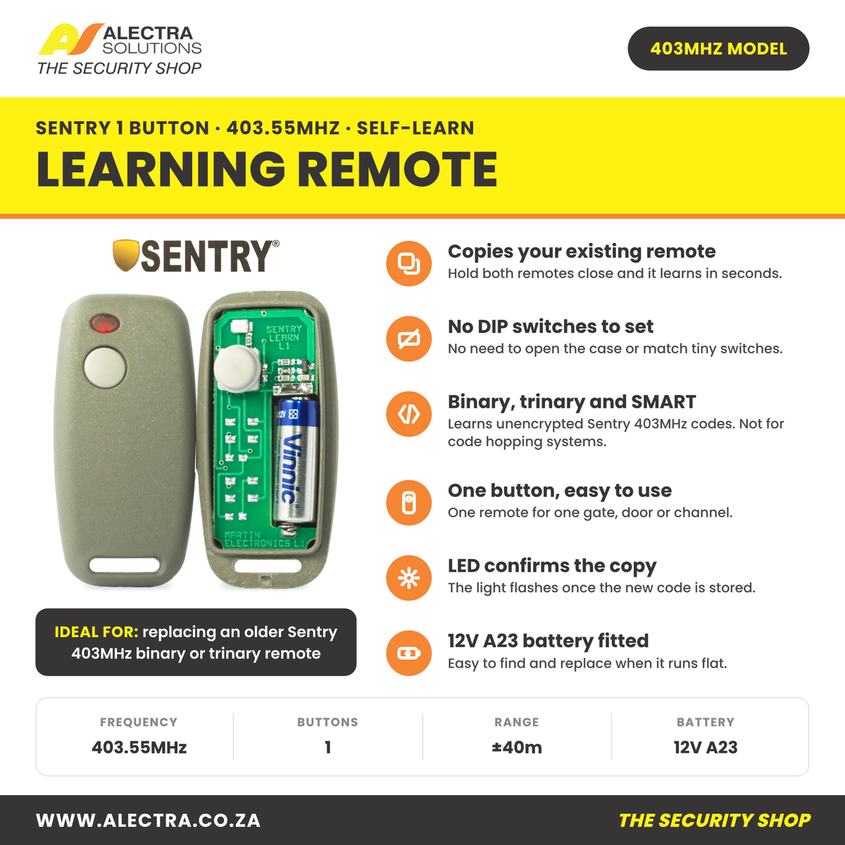 Sentry 1 button self-learning remote 403MHz features and specifications