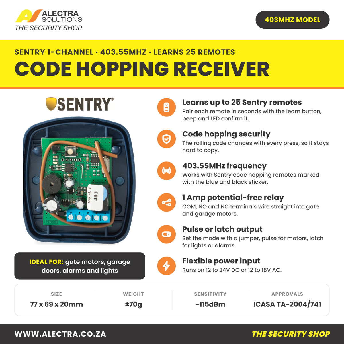 Sentry 1 channel code hopping receiver 403MHz features