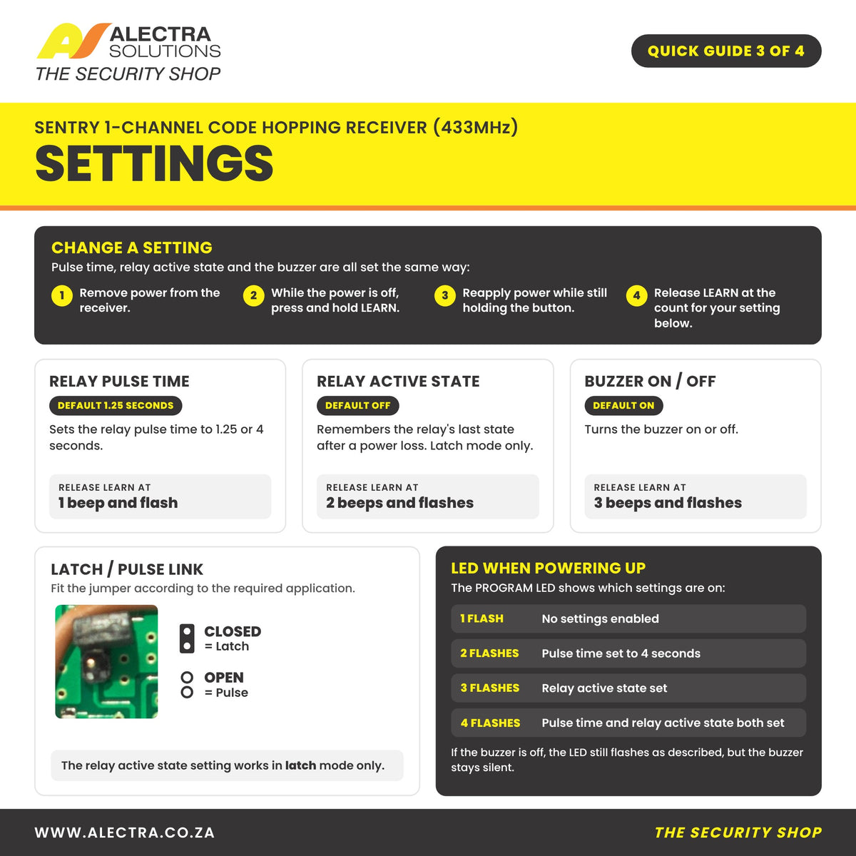 Sentry 1 channel receiver quick guide 3 of 4: settings