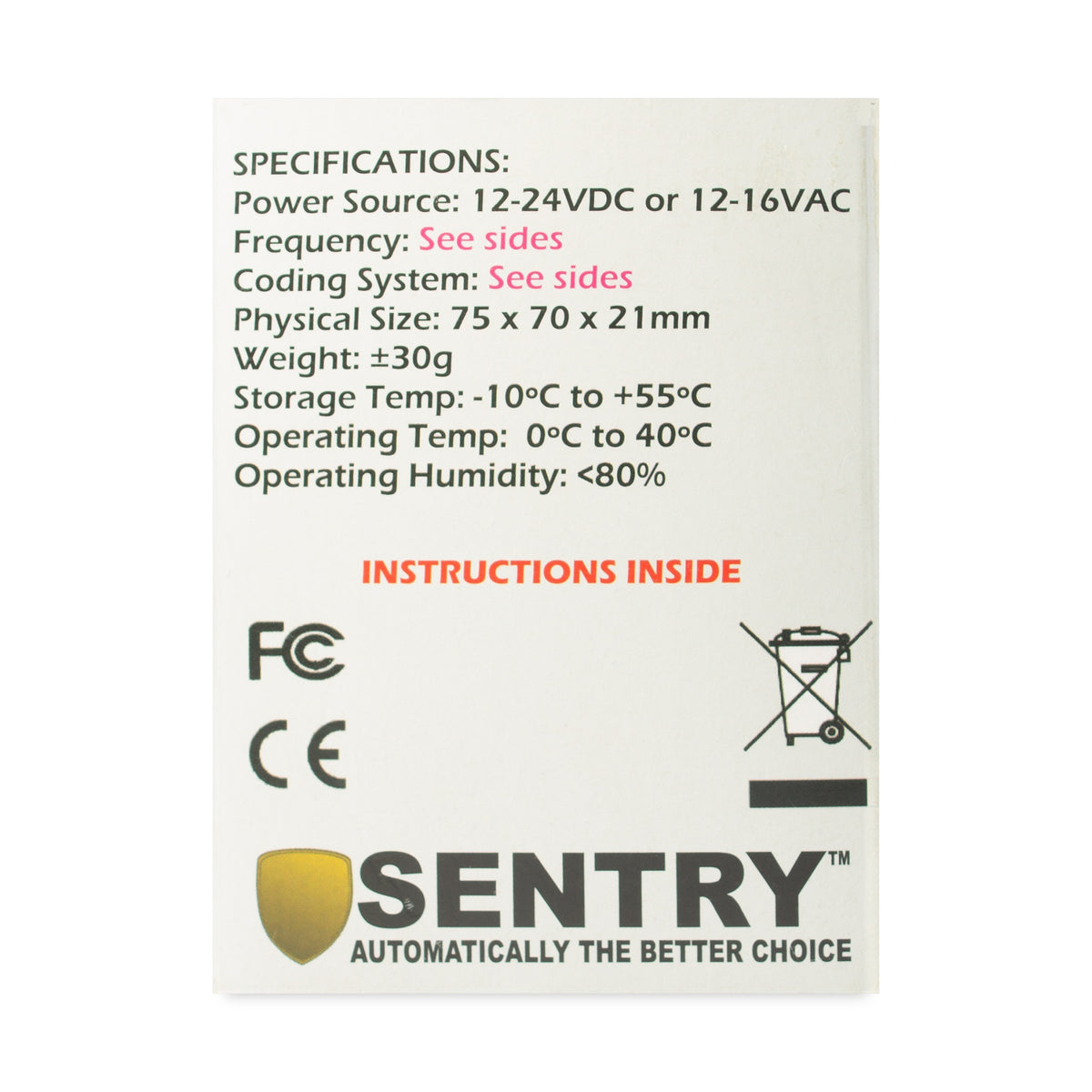 Sentry 1000 user receiver carton specifications