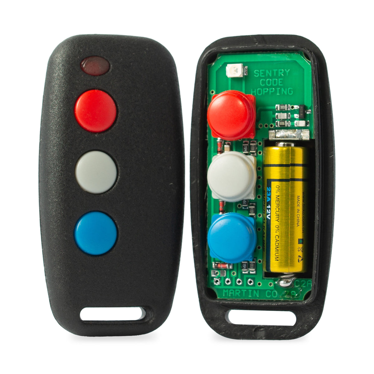 Sentry 3 button code hopping remote opened, circuit board and battery