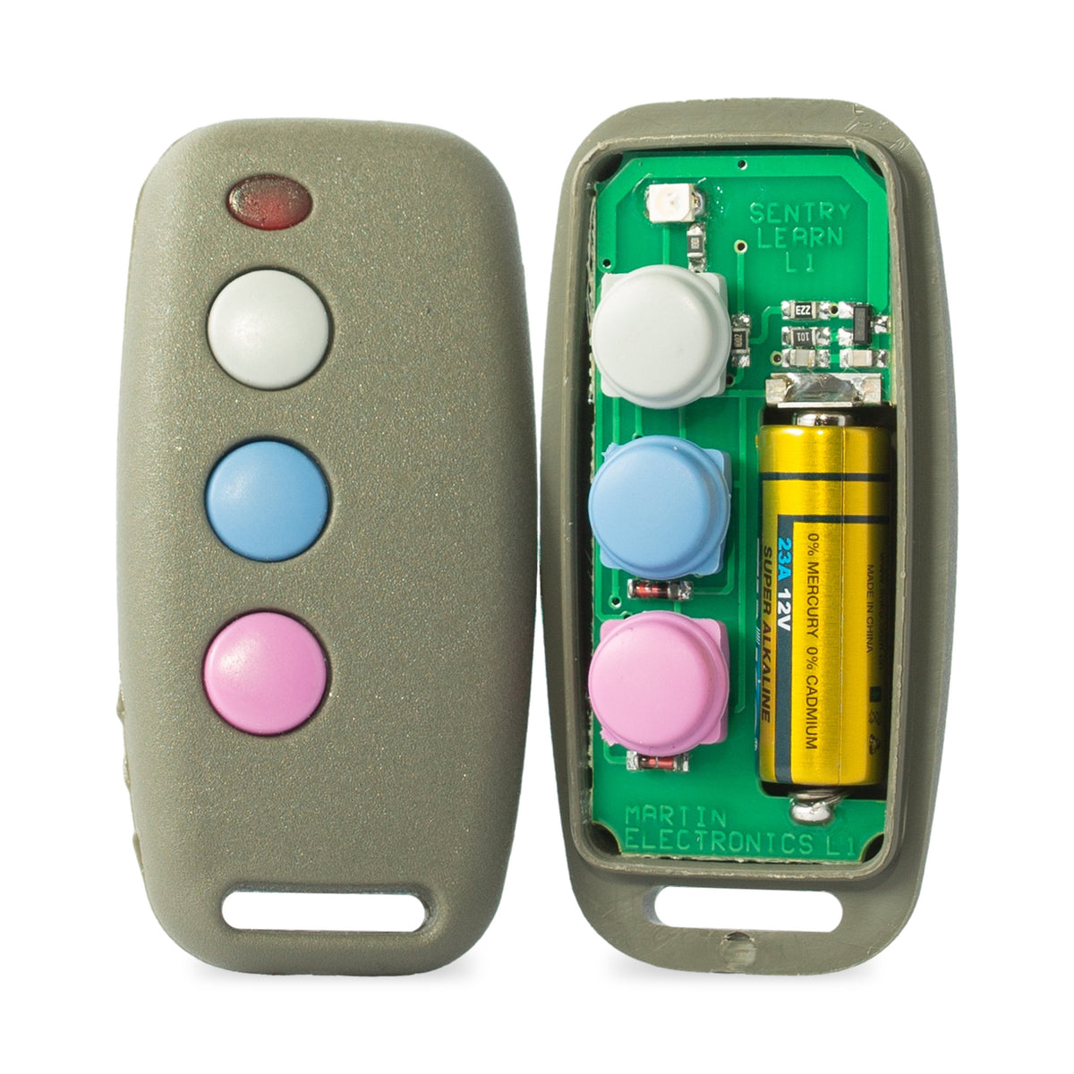 Sentry 3 button learning remote opened, circuit board and battery