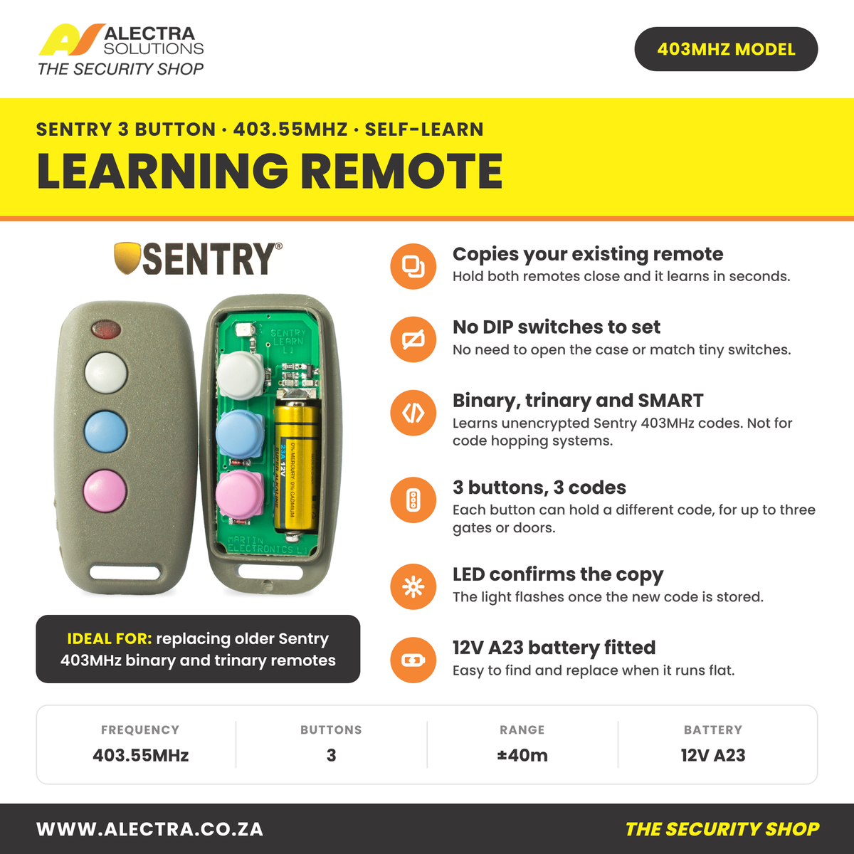 Sentry 3 button self-learning remote 403MHz features and specifications