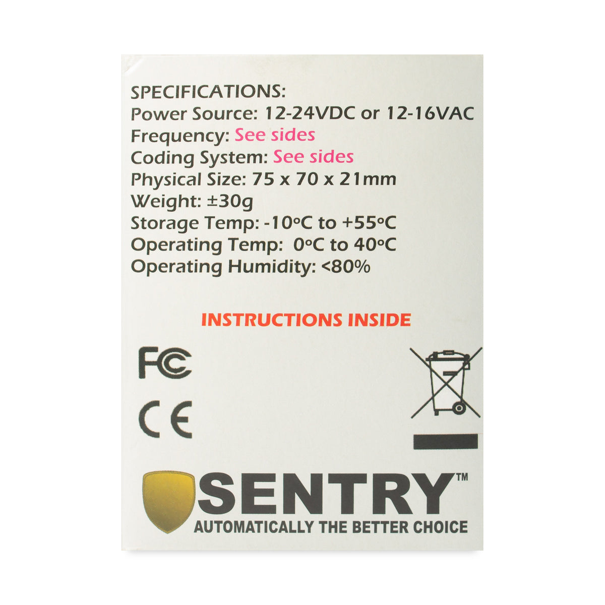 Sentry 3 channel receiver carton specifications