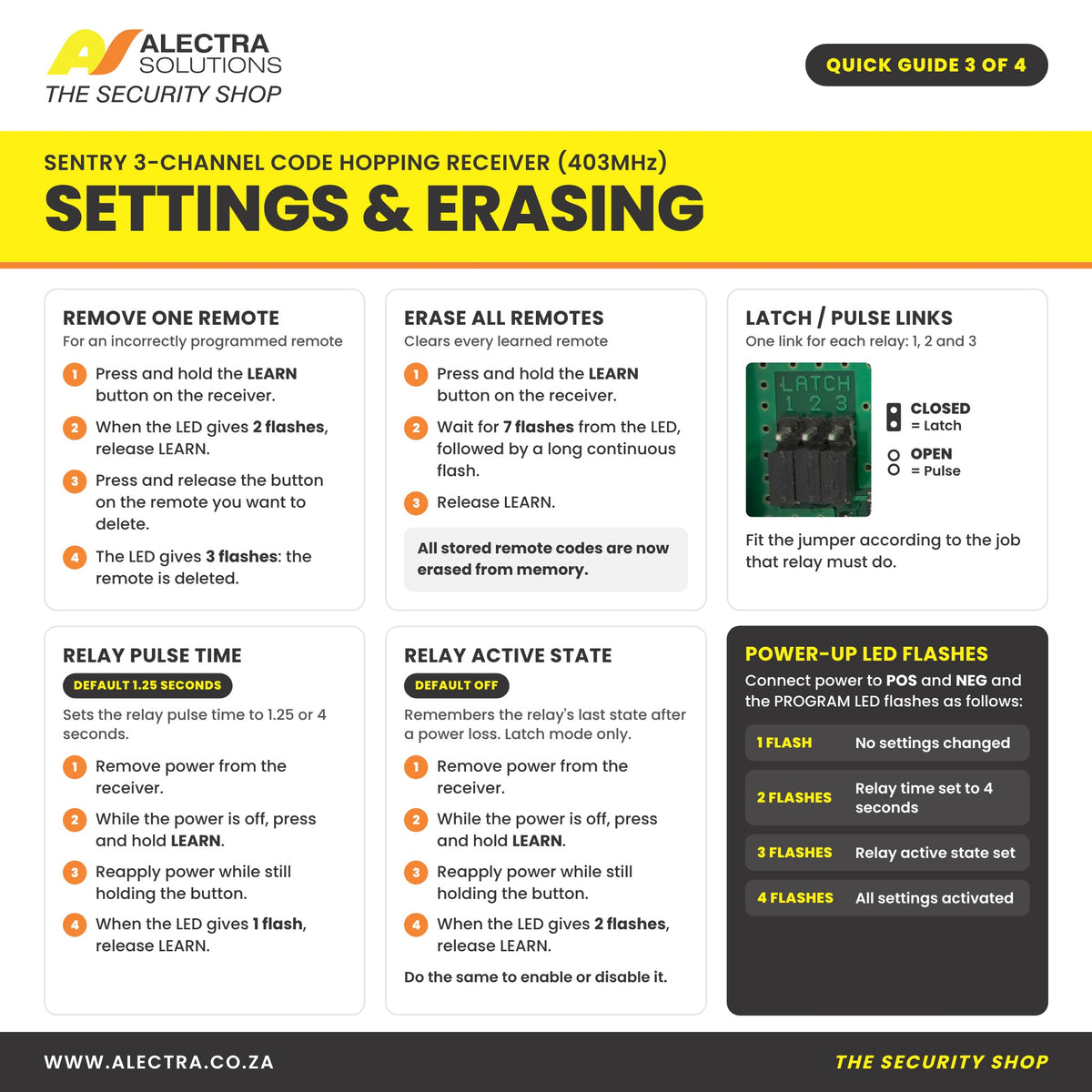 Sentry 3 channel receiver quick guide 3 of 4: settings and erasing
