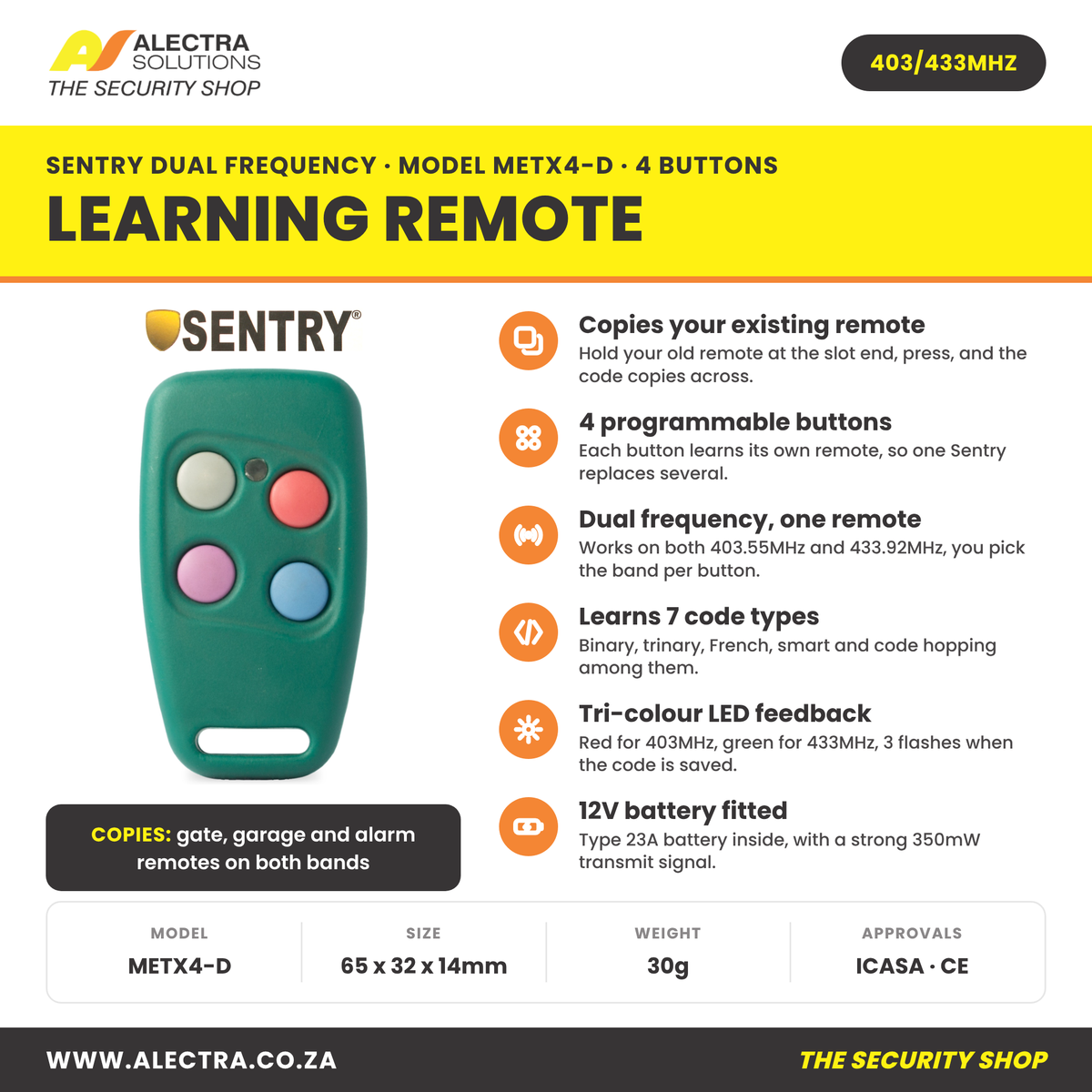 Sentry dual frequency learning remote METX4-D features