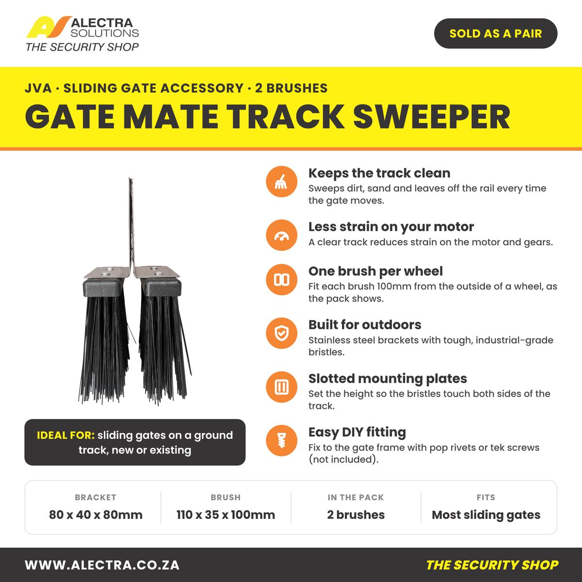 Sliding gate brush pair features and sizes, sold as a pair