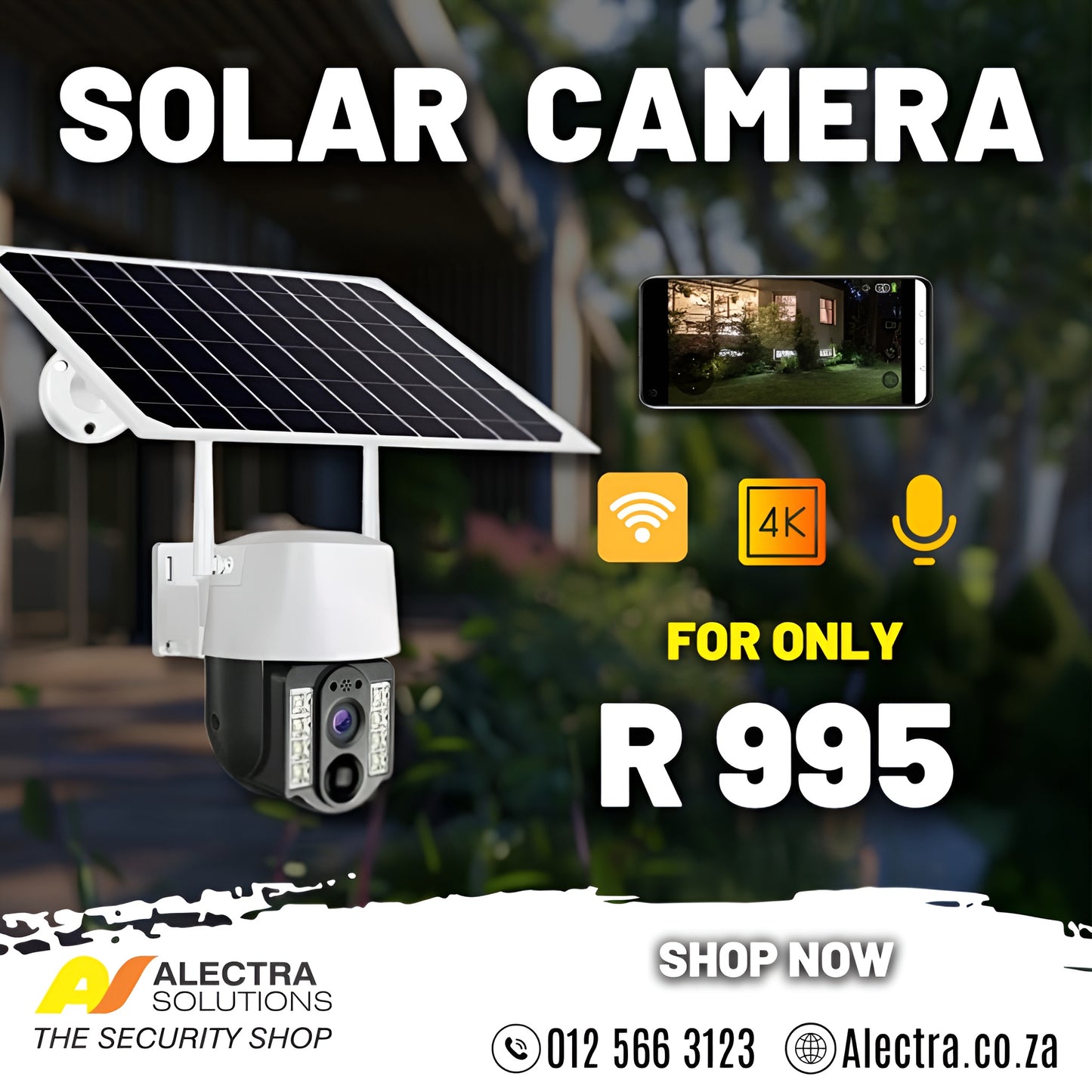 Solar camera with a smartphone display, solar panel, and Alectra Solutions branding.
