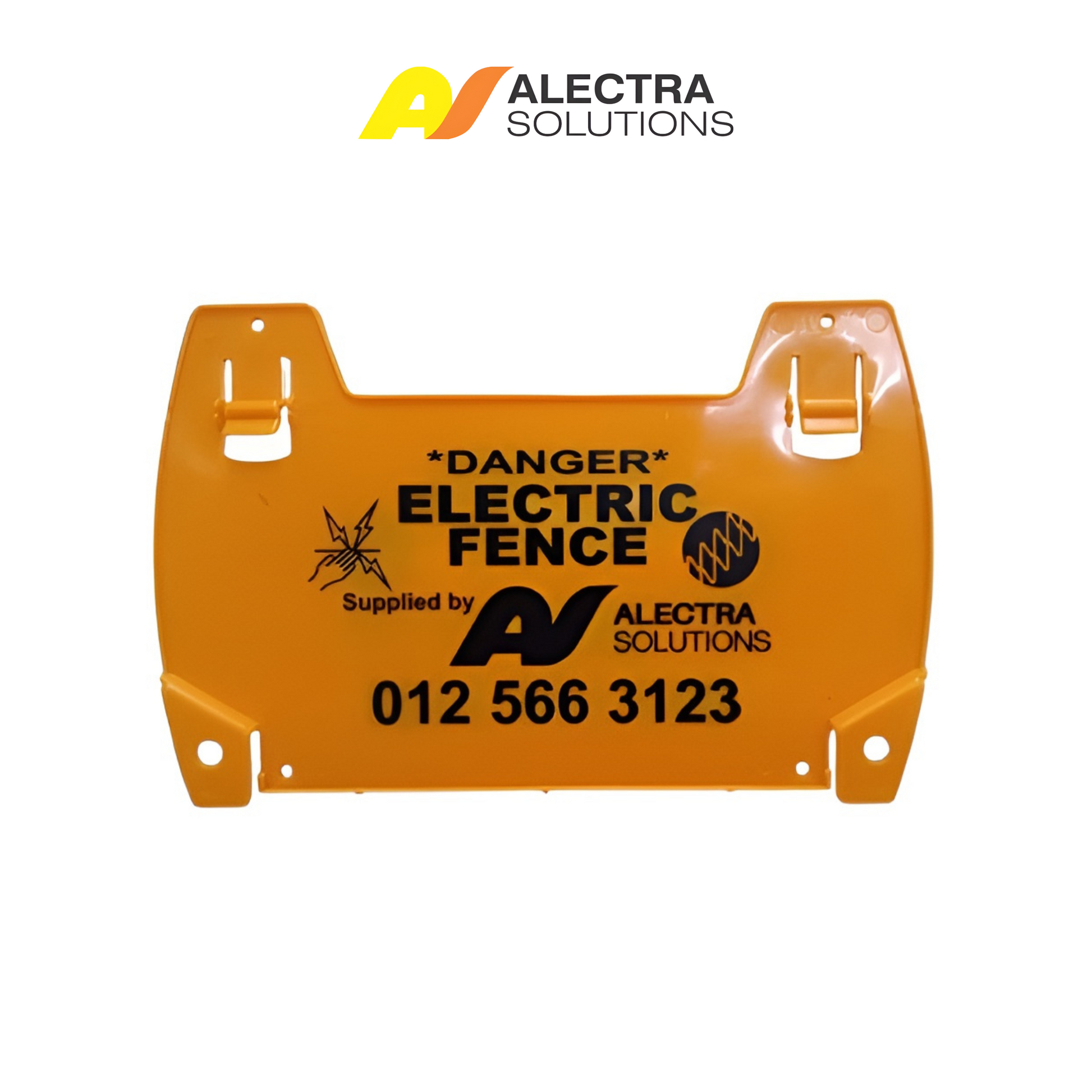Orange electric fence warning sign with Alectra Solutions branding on a white background
