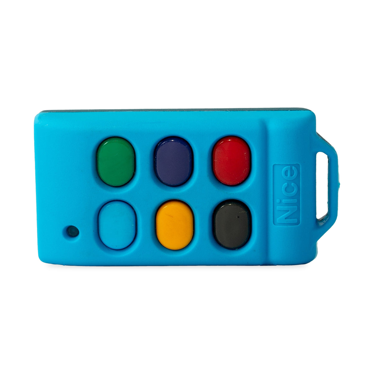 ET 6 button remote lying flat, side view with key ring loop