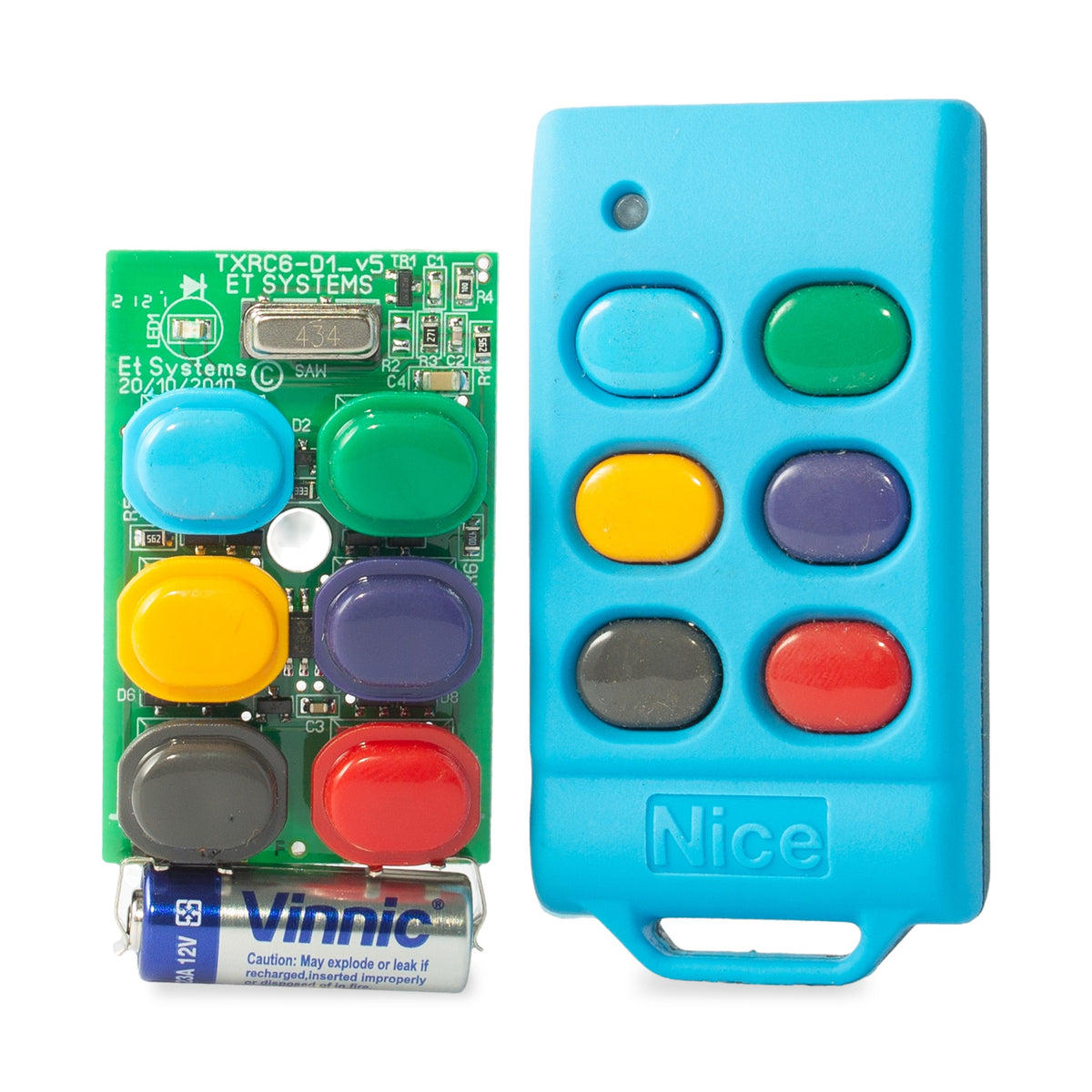 ET Blu Mix 6 button remote opened, circuit board and 12V 23A battery