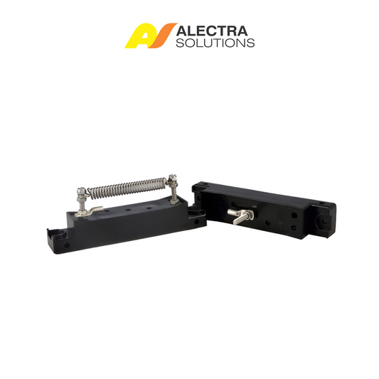 Mechanical component with springs and metal parts on a white background, featuring Alectra Solutions logo.