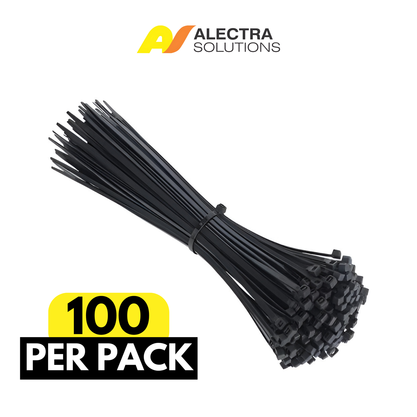 Pack of 100 black cable ties with Alectra Solutions branding on a white background