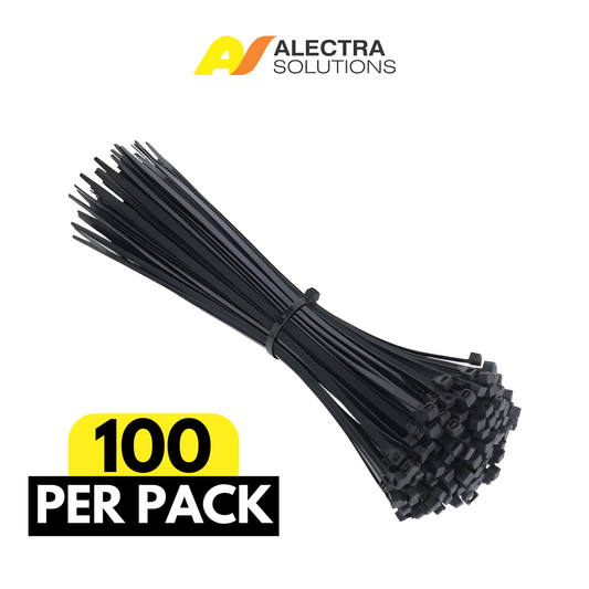 Pack of 100 black cable ties with Alectra Solutions branding on a white background