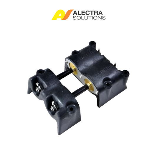 Two black gate automation parts with gold connectors on a white background, featuring Alectra Solutions logo.
