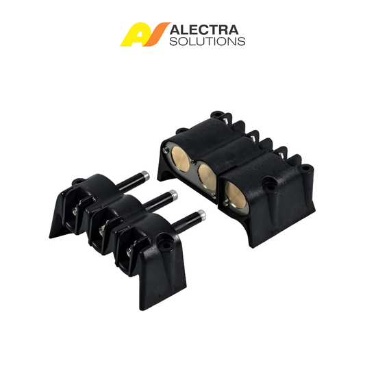 Two black metal components on a white background with Alectra Solutions logo.