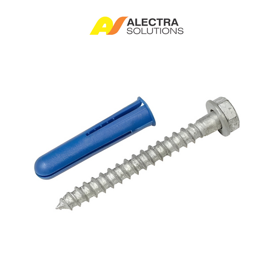 Screw with blue plastic sleeve on a white background, featuring Alectra Solutions logo.