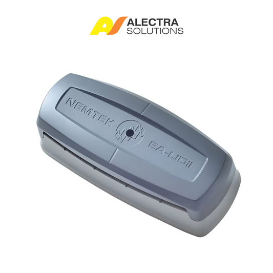 Gray electronic device with 'Nemtek' branding on a white background, featuring Alectra Solutions logo.