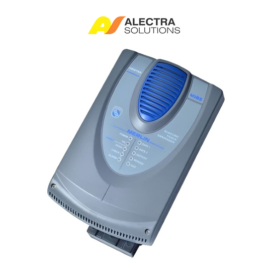 Electric fence energizer with blue and gray design on a white background, featuring Alectra Solutions logo.