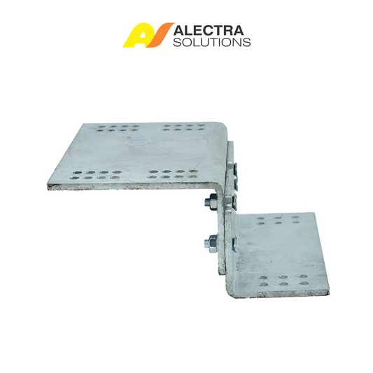 Metal bracket with holes on a white background, featuring Alectra Solutions logo.