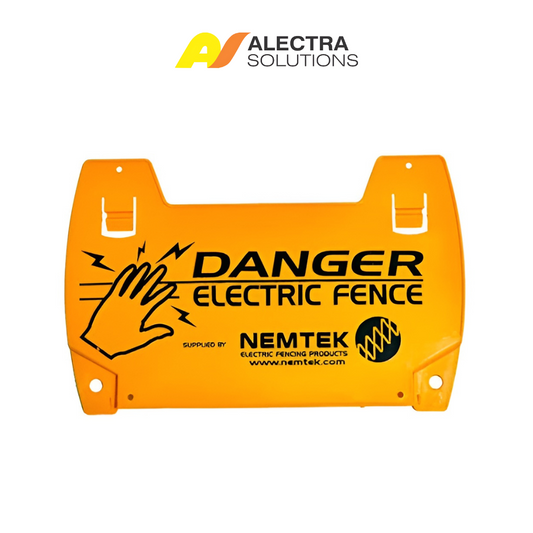 Orange warning sign with 'Danger Electric Fence' text and Alectra Solutions logo on a white background