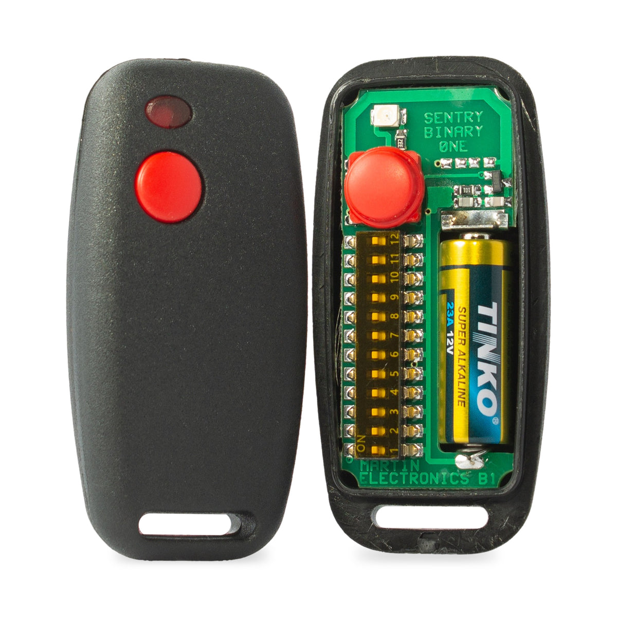 Sentry Binary One remote opened, 12 DIP switches and 12V A23 battery