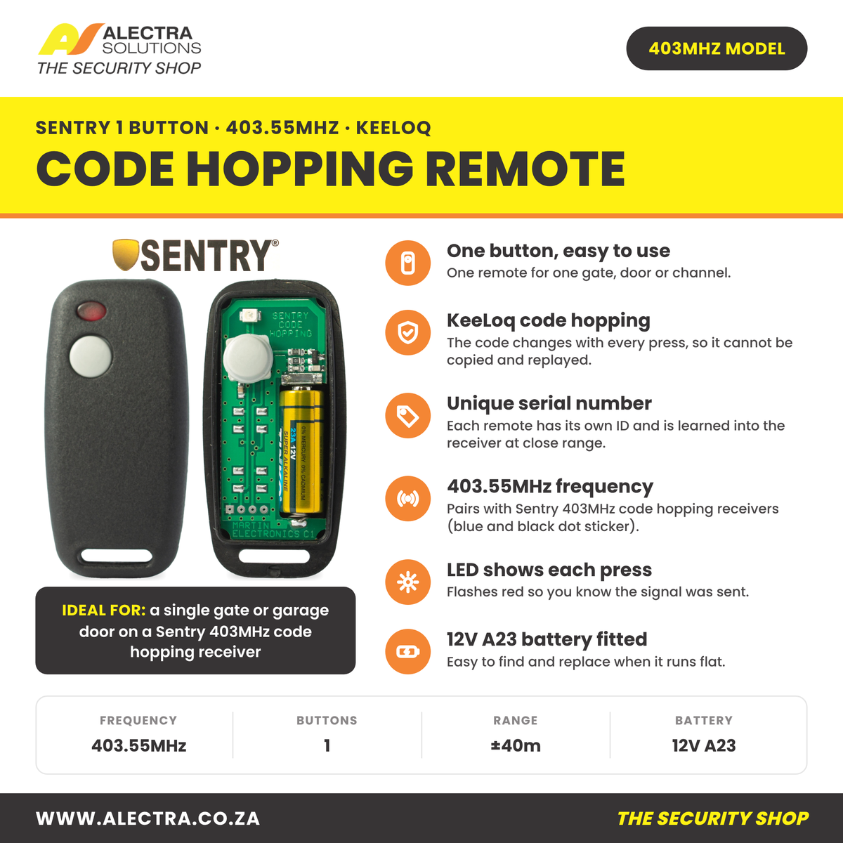 Sentry 1 button code hopping remote 403MHz features and specifications