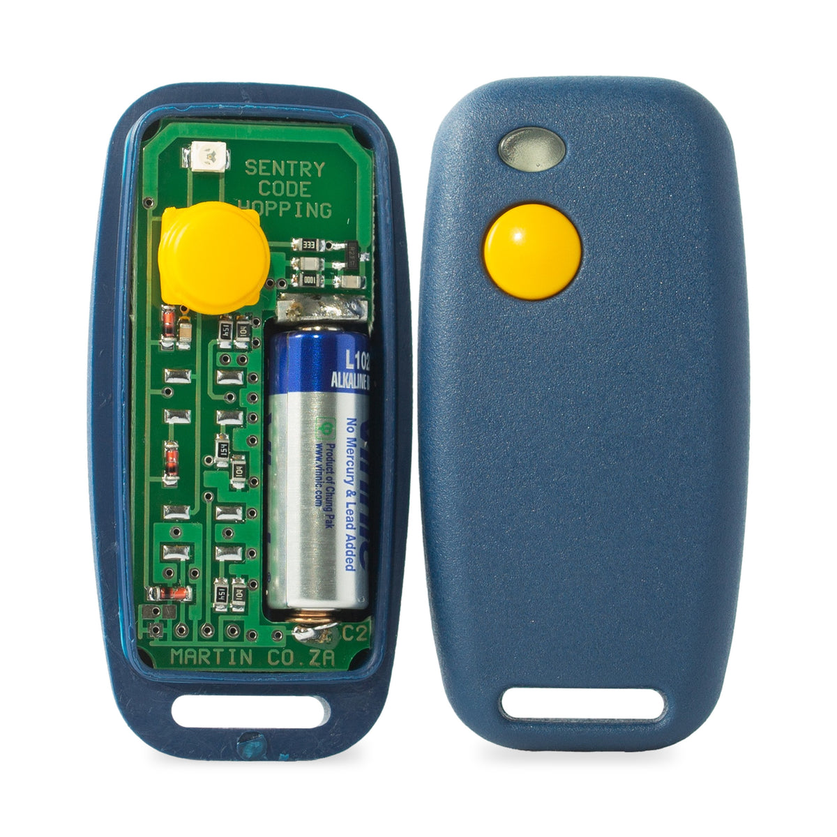 Sentry 433MHz code hopping remote opened, circuit board and 12V A23 battery