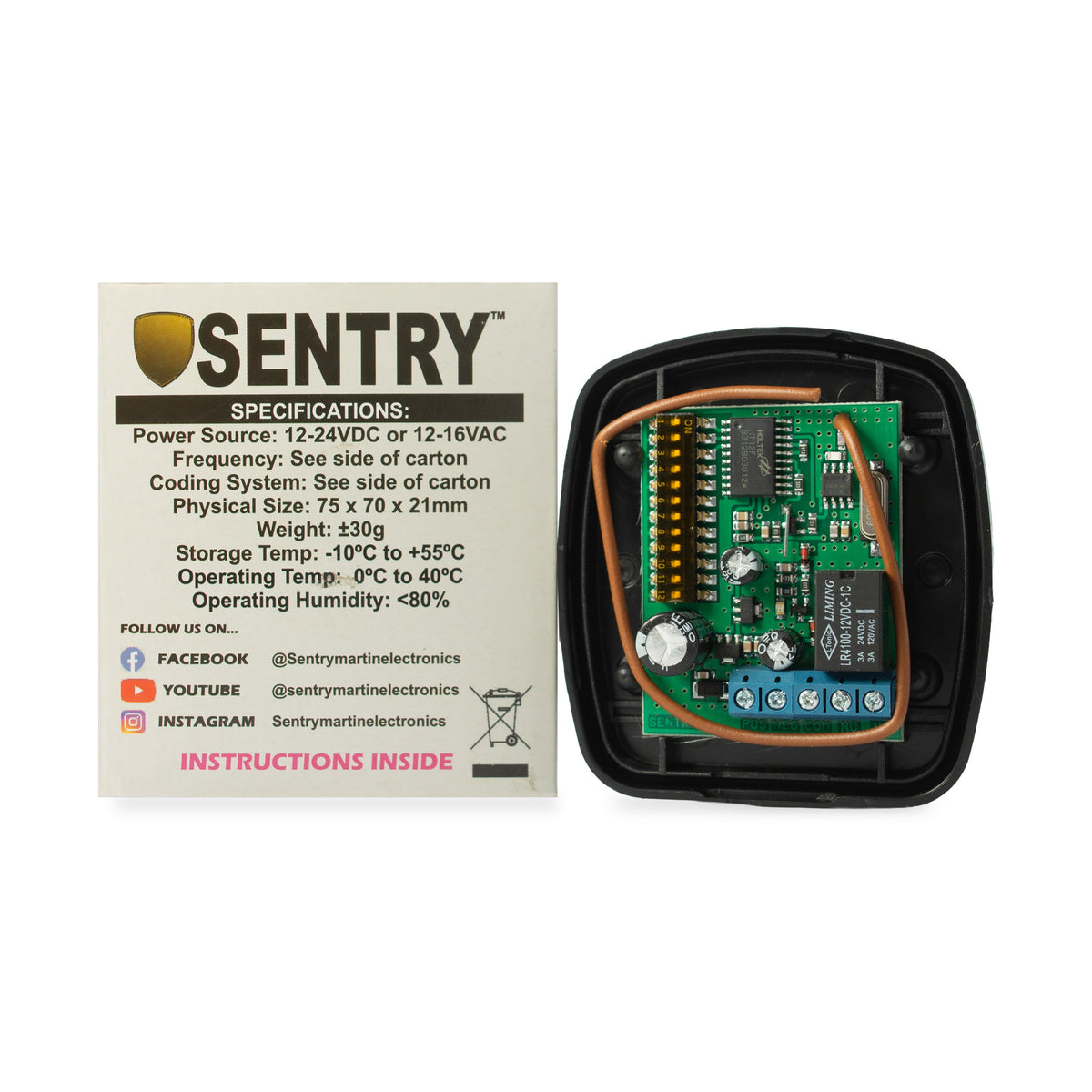 Sentry 1 channel binary DIP switch receiver 403MHz opened, with its carton