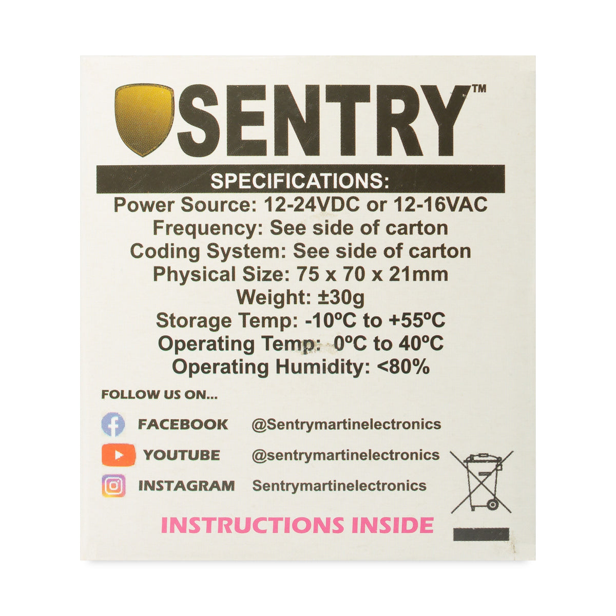 Sentry remote control receiver carton