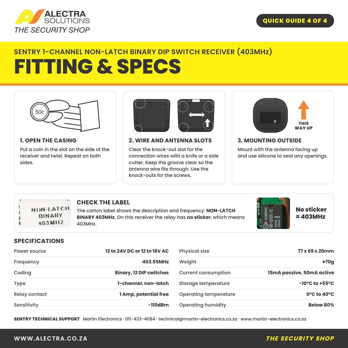 Sentry binary receiver quick guide 4 of 4: fitting and specs