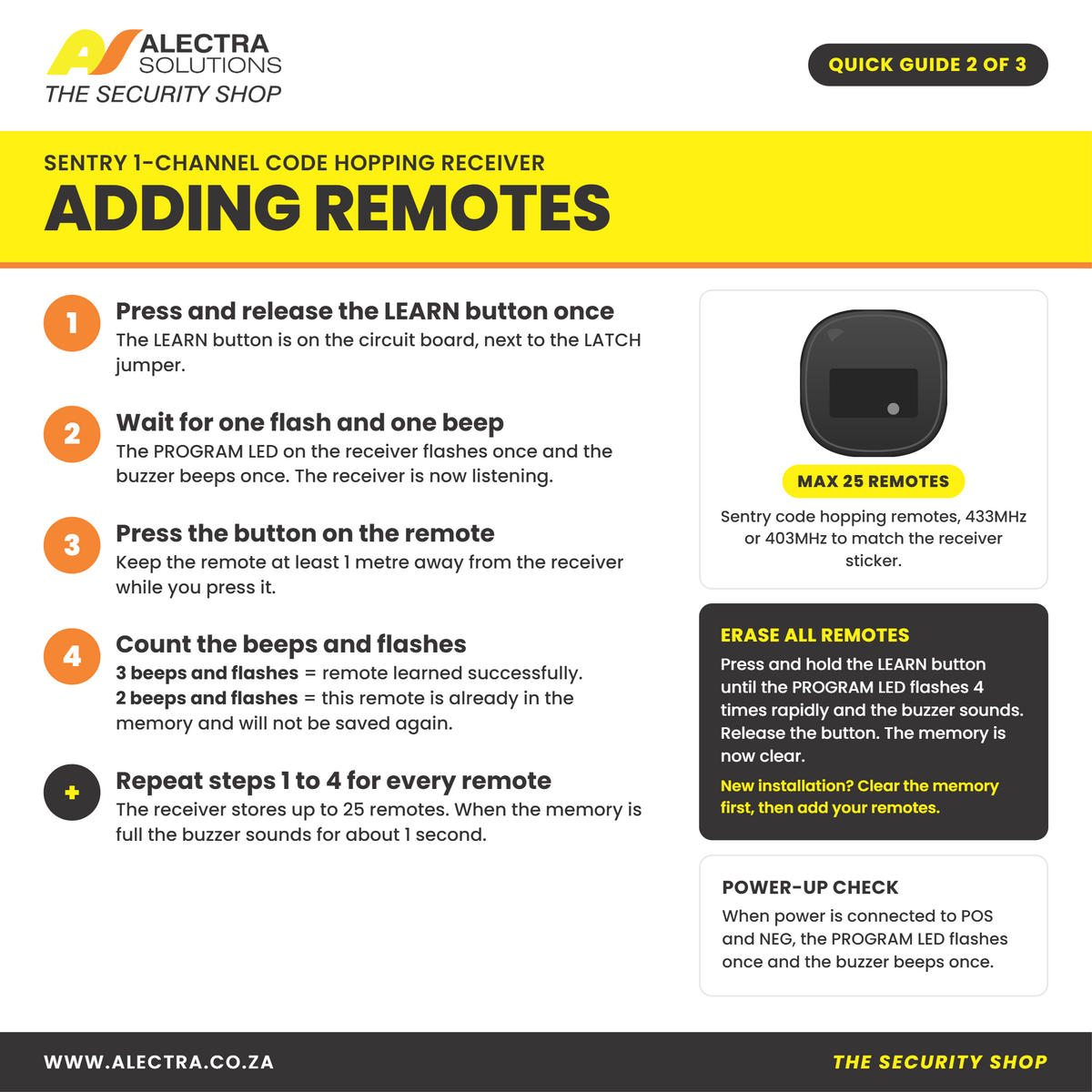 Sentry 1 channel receiver 403MHz quick guide 2 of 3: programming remotes