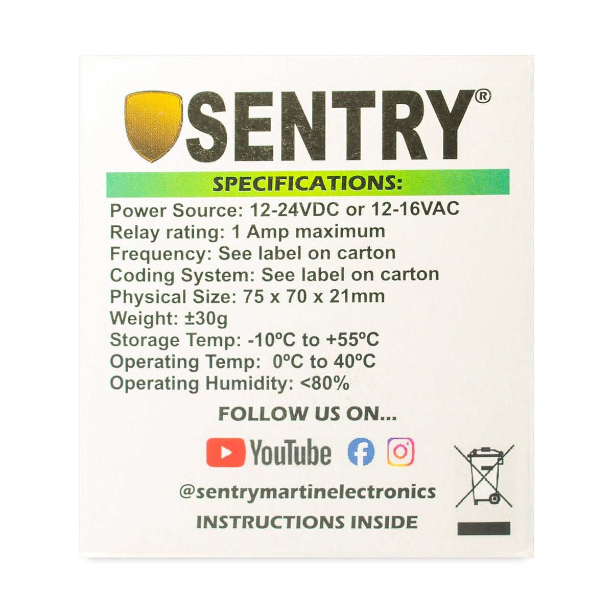 Sentry remote control receiver box with specifications