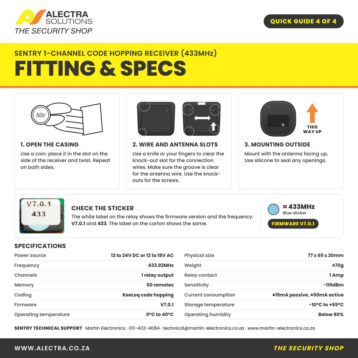 Sentry 1 channel receiver quick guide 4 of 4: fitting and specs