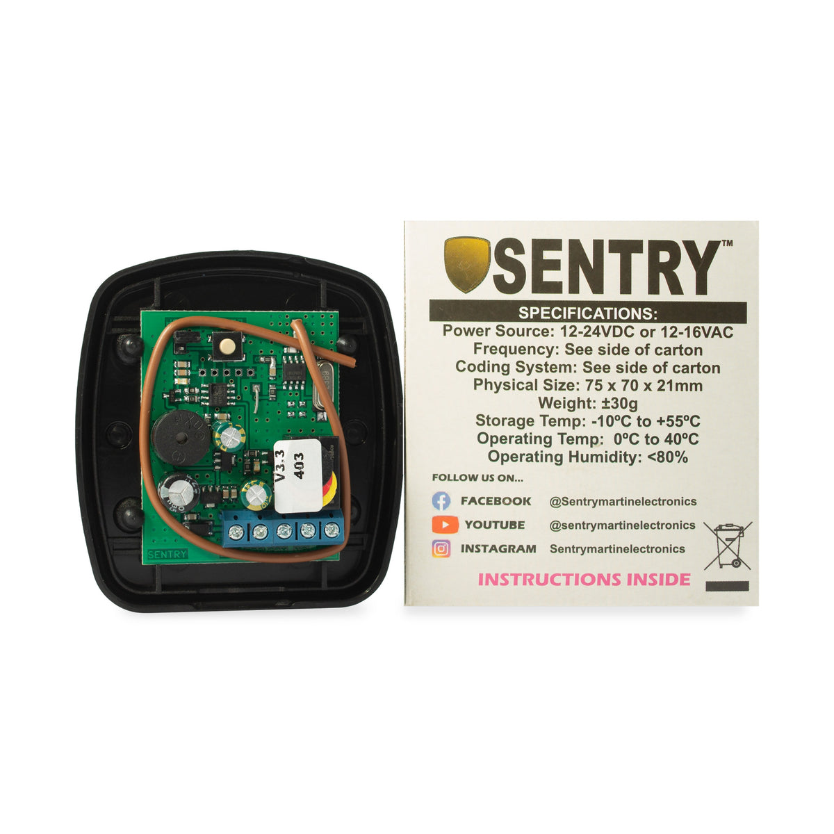 Sentry 1 channel learning receiver 403MHz opened, with its carton