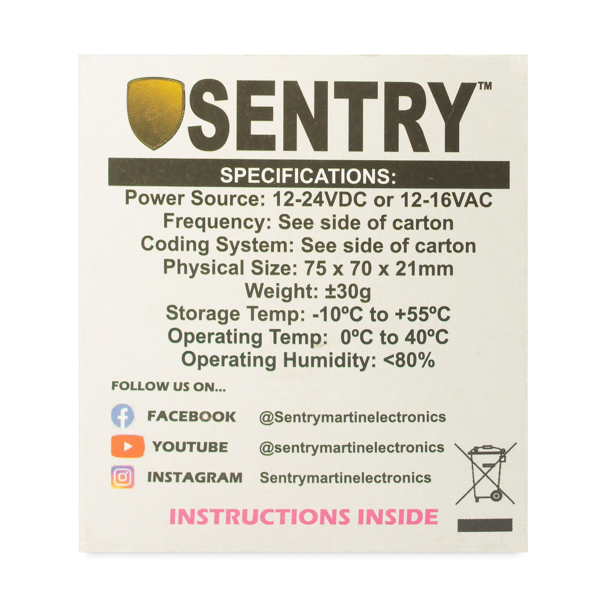 Sentry learning receiver carton specifications