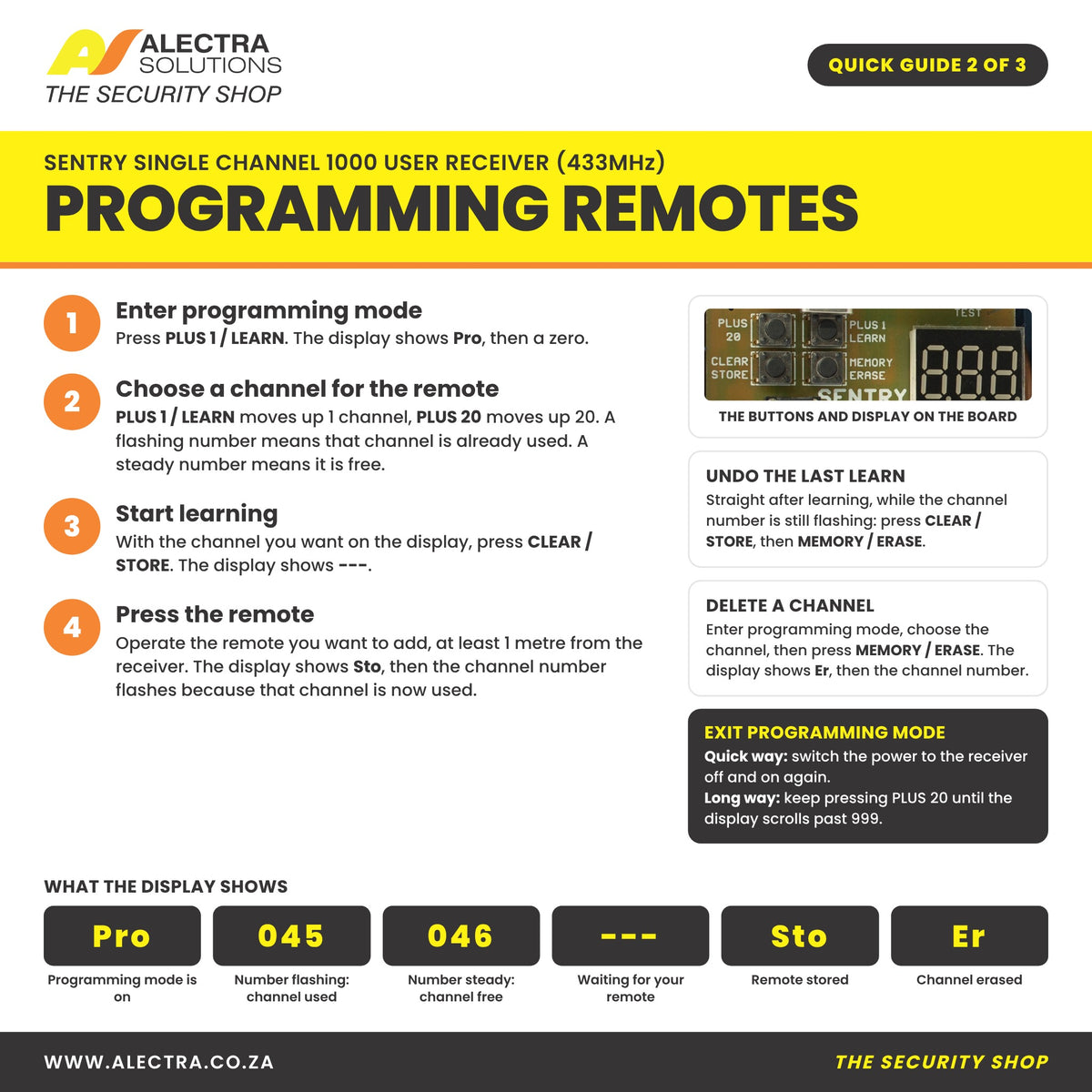 Sentry 1000 user receiver quick guide 2 of 3: programming remotes